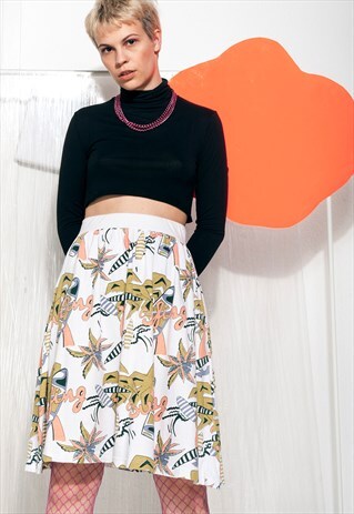 VINTAGE SKIRT 80S HAWAII PALM PRINTED MIDI SKIRT