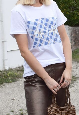 NUDE ETHICS ORGANIC EMBROIDERED CHECK DAISIES WHITE T-SHIRT
