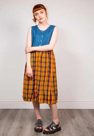VINTAGE 90'S BRIGHT ORANGE CHECK DENIM MIDI DRESS