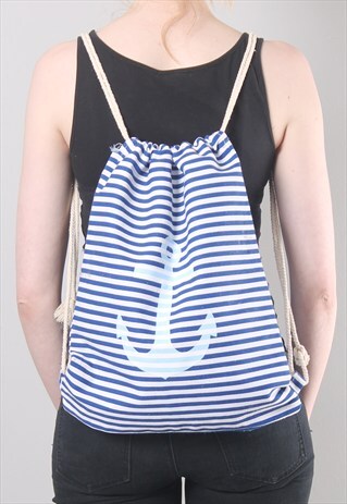 VINTAGE 90S NAUTICAL BLUE STRIPE ANCHOR DRAWSTRING BACKPACK