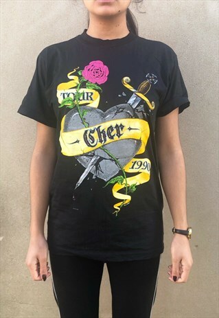 VINTAGE CHER 1990 TOUR TOP HEART OF STONE BLACK WITH GRAPHIC