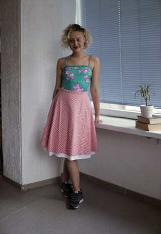 VINTAGE 70'S MIDI RED/WHITE CHECKED HIGH WAISTED SKIRT