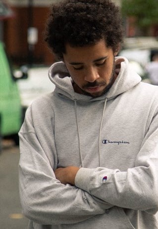 VINTAGE CHAMPION SPELL-OUT HOODED SWEATSHIRT IN GREY
