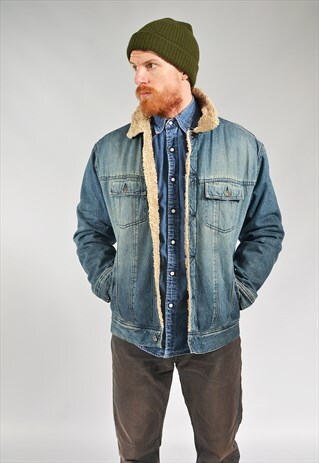 VINTAGE GREY BLUE FADED DENIM SHERPA JACKET