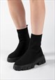 BLACK CHUNKY ANKLE SOCK BOOTS