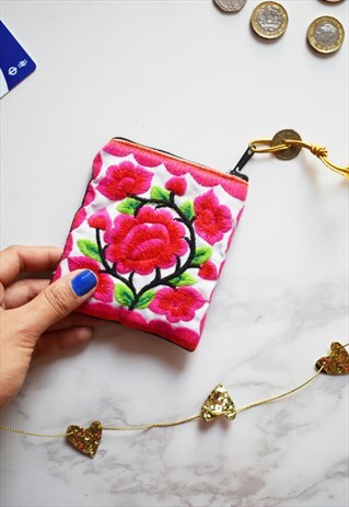 WHITE PINK EMBROIDERED FLORAL WALLET CARD HOLDER COIN PURSE