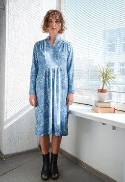 Vintage 70's Blue Midi Long Sleeved Patterned Dress