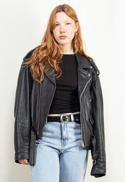 Vintage 80's Women Oversized Biker Jacket in Black