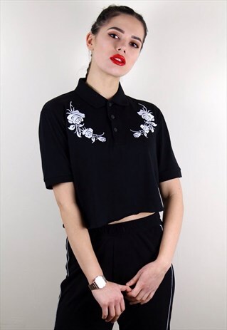 VINTAGE BLACK EMBROIDERED FLOWERS CROP TOP