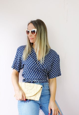 VINTAGE 80'S BLUE & WHITE POLKA DOT WRAP SHIRT BLOUSE