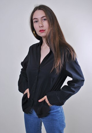WOMAN BLACK VINTAGE MINIMALIST LONG SLEEVE SHIRT