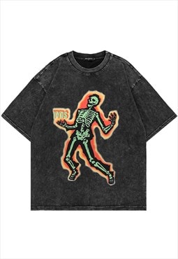 Skeleton t-shirt thermal print tee vintage wash top in grey