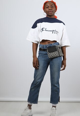 VINTAGE CHAMPION LARGE WHITE PRINTED SPELL OUT CROPPED SWEAT