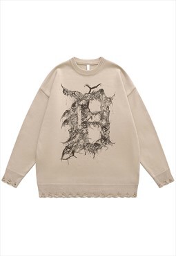 Skeleton sweater knit distressed jumper Gothic top in cream