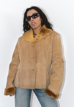 Vintage 90s Real Leather Shearling Faux Fur Jacket