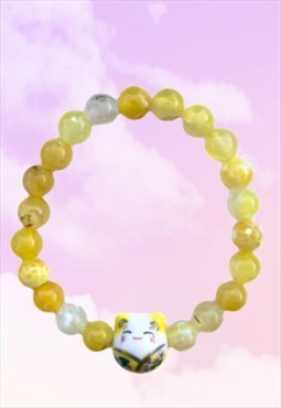Lucky Cat Yellow Dragons Vein Agate Beaded Gemstone Bracelet