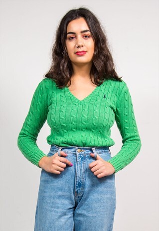 90'S VINTAGE RALPH LAUREN GREEN V-NECK CABLE KNIT JUMPER