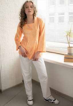 Vintage 80's Orange Shimmering Square Neck Top
