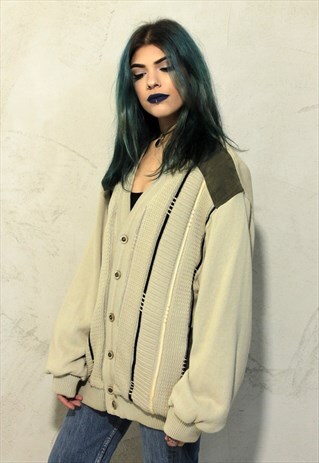 BEIGE VINTAGE BABISTA LEATHER PATCH CARDIGAN A413