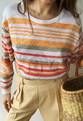 VINTAGE 80S CITRUS STRIPED KNIT BOHO JUMPER SWEATER PULLOVER