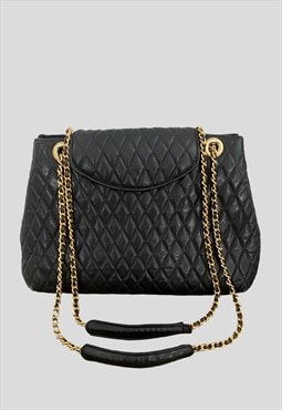 80's Vintage Ladies Bag Black Leather Quilted Gold Chain