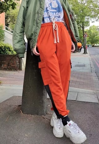 CONTRAST STITCHED REWORKED JOGGERS CARGO BEAM PANTS ORANGE