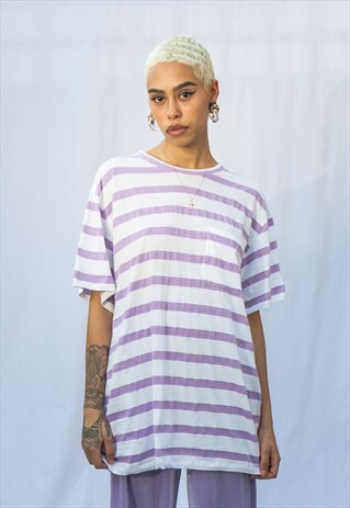 UNISEX OVERSIZED LILAC STRIPED T-SHIRT IN WHITE