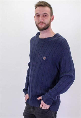 VINTAGE TOMMY HILFIGER CABLE KNIT SWEATER IN BLUE XL