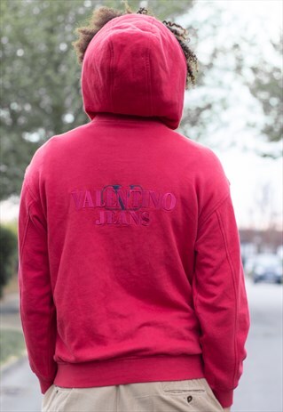 VINTAGE VALENTINO JEANS ITALY EMBROIDERED LOGO HOODIE IN RED