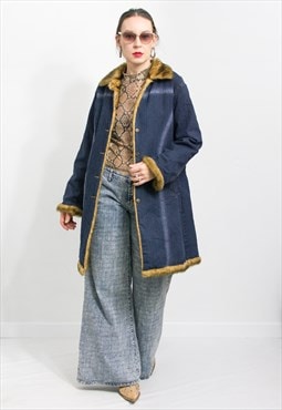 Vintage Y2K denim coat faux fur inserts women XXL
