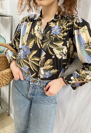 VINTAGE 80S BOTANICA HAWAII PRINT BOHEME BLOUSE SHIRT TOP