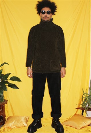 90S VINTAGE KHAKI FLEECE KNITTED TURTLE NECK JUMPER