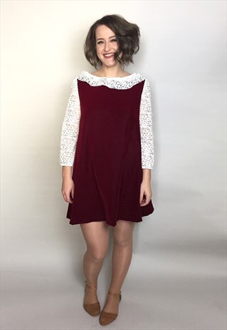 VALENTINES RED VELVET TRAPEZE DRESS WITH LACE SLEEVES