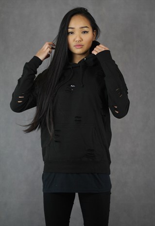 NEW IN - JET BLACK DISTRESSED HOODIE