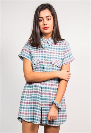 VINTAGE 90'S GREEN CHECK PATTERN FLANNEL REWORK SHIRT DRESS