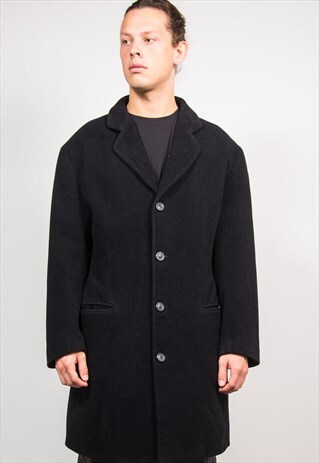 ARMANI JEANS 90'S VINTAGE BLACK WOOL CLASSIC OVERCOAT