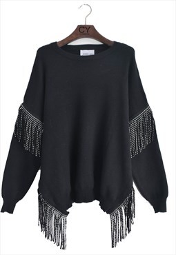 Jumper with Faux Leather Tassel Sleeves in Black