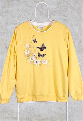VINTAGE YELLOW BUTTERFLY SWEATSHIRT EMBROIDERED WOMEN'S XL