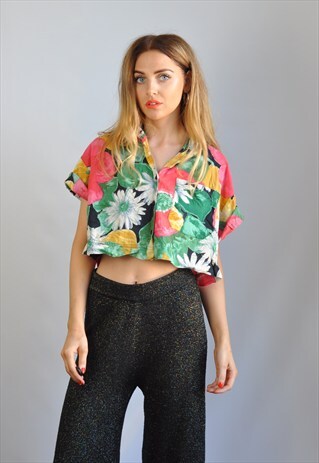 VINTAGE 90S COLOURFUL RED FLORAL CROPPED SHIRT