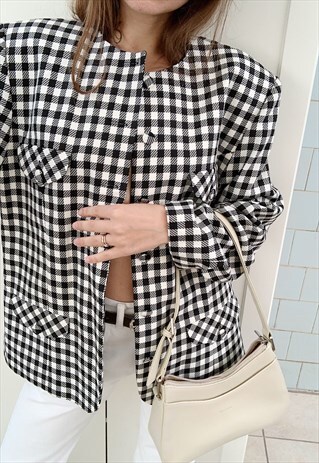 VINTAGE 80S MINIMALIST GINGHAM CHECK THICK BLAZER JACKET
