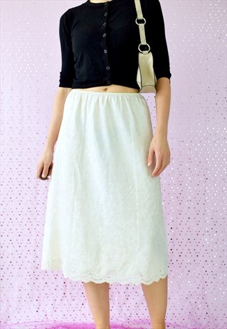VINTAGE 90S LACE TRIM SATIN HIGH WAISTED MIDI SLIP SKIRT