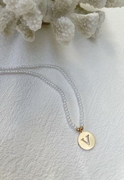Gold Letter Faux Pearl Initial  V Charm Pendant  Necklace