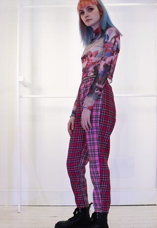 HIGH WAIST TARTAN CHECK TROUSERS IN CONTRAST PINKS