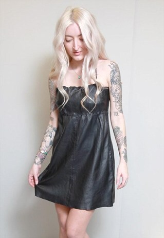 VINTAGE 1990S BLACK LEATHER CROSS BACK MINI DRESS