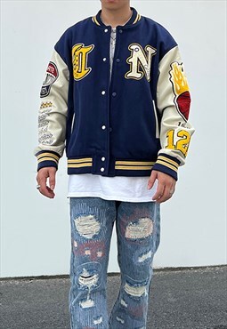 Navy Embroidered Oversized Baseball Varsity jacket Y2k