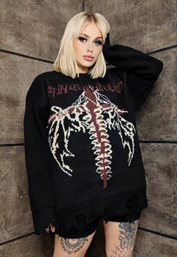 Gothic sweater 90s pattern chunky knit ripped jumper black