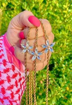 FLORA. Floral Flower Crystal Pendant Gold Rope Necklace