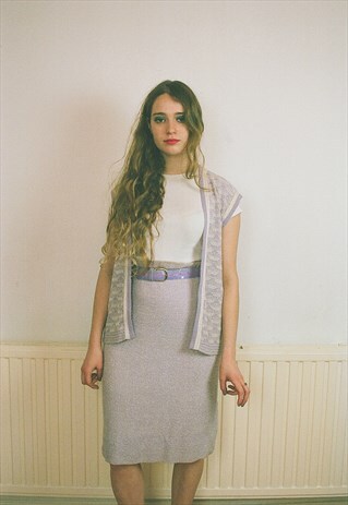 1960S VINTAGE CUTE LILAC KNITTED WAISTCOAT VEST AND SKIRT