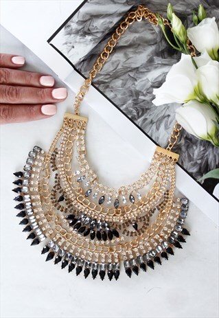 GOLD & BLACK DIAMANTE STONE CHUNKY STATEMENT NECKLACE