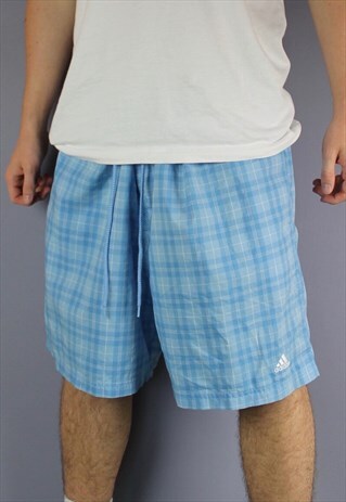 VINTAGE ADIDAS SHORTS IN BLUE PLAID WITH POCKETS, EMBROIDERE